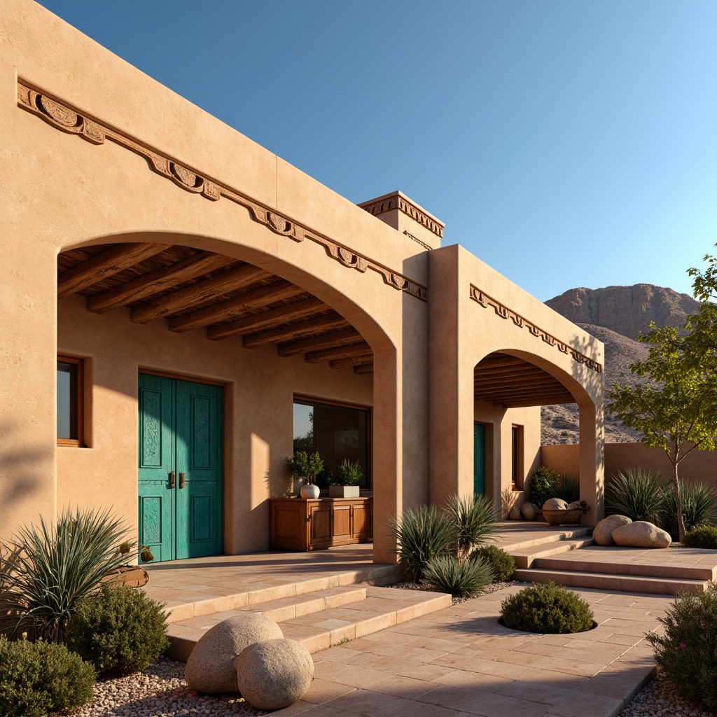 Prompt: Adobe earth-toned stucco walls, curved lines, rustic wooden accents, ornate metalwork, vibrant turquoise tiles, intricate geometric patterns, arched doorways, ornamental stone carvings, natural clay roofing, warm golden lighting, shallow depth of field, 1/1 composition, dramatic shadows, realistic textures, ambient occlusion, desert landscape, sandy dunes, cactus plants, hot sunny day, clear blue sky, vast open space.