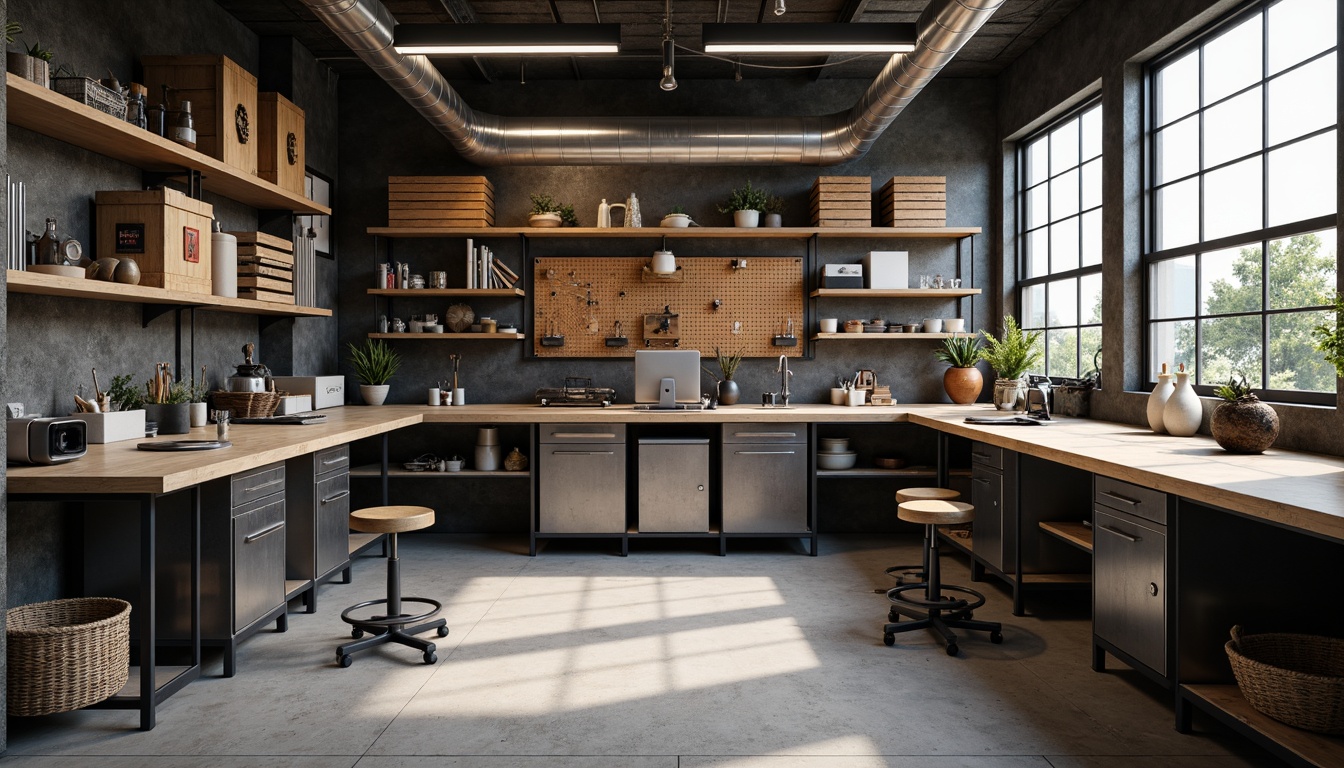 Prompt: Industrial-style workbenches, metal framing, wooden countertops, tool storage cabinets, pegboards, vice grips, adjustable lighting, ergonomic stools, concrete flooring, exposed ductwork, urban loft atmosphere, natural light pouring in, shallow depth of field, 1/2 composition, realistic textures, ambient occlusion.