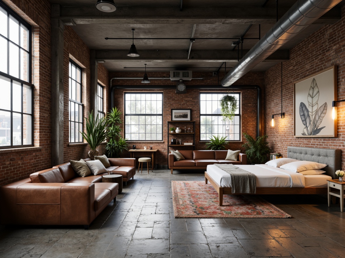 Prompt: Exposed brick walls, metal beams, reclaimed wood floors, industrial chic decor, modern minimalist furniture, urban loft atmosphere, high ceilings, large windows, natural light pouring in, concrete columns, steel accents, vintage factory machinery, Edison bulb lighting, distressed leather sofas, raw concrete textures, metallic color palette, sleek low-profile beds, geometric patterned rugs, functional open shelving, eclectic artwork, brutalist architecture, moody atmospheric lighting, 3/4 composition, shallow depth of field, cinematic views.