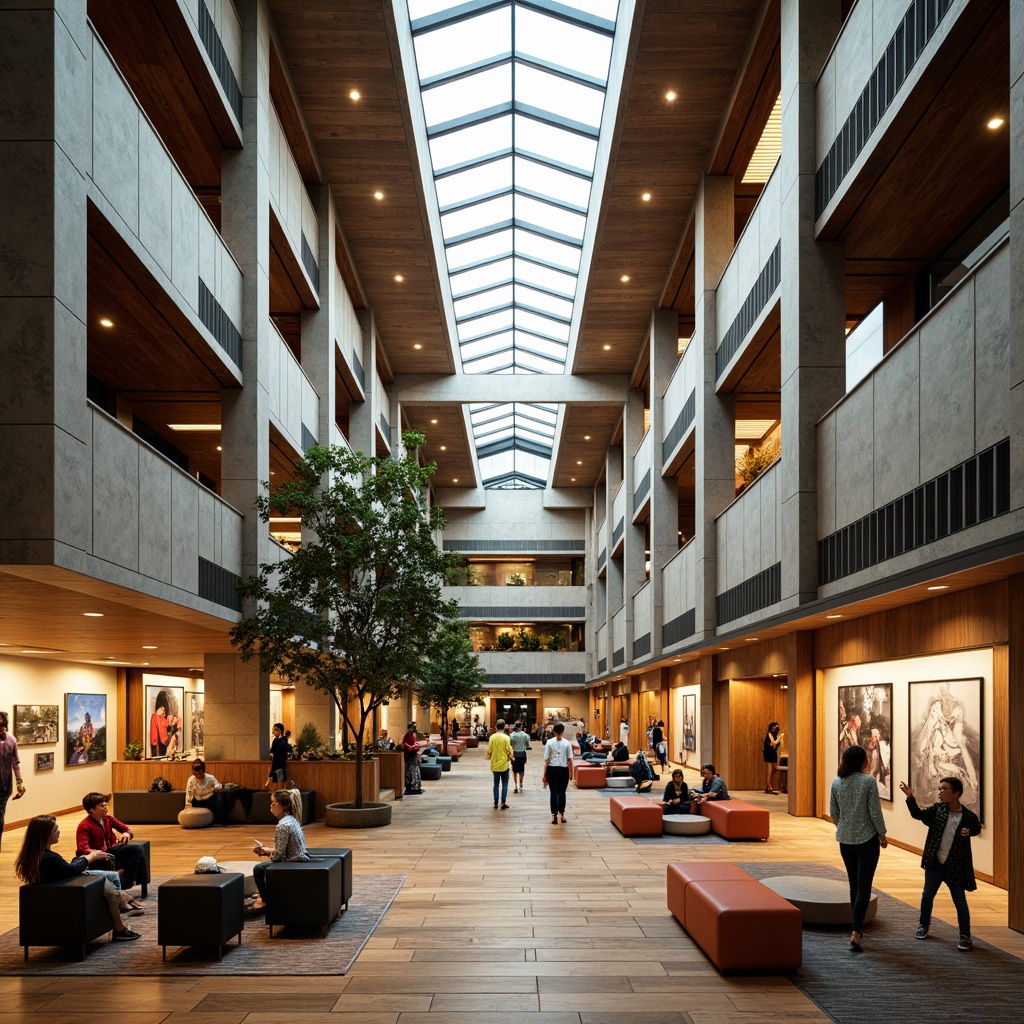 Prompt: Cultural center atrium, high ceilings, natural light, wooden floors, stone walls, modern furniture, vibrant artwork displays, interactive exhibits, flexible seating arrangements, open floor plans, dynamic spatial flow, warm color schemes, ambient lighting, shallow depth of field, 1/1 composition, realistic textures, subtle shadows, elegant architectural details.