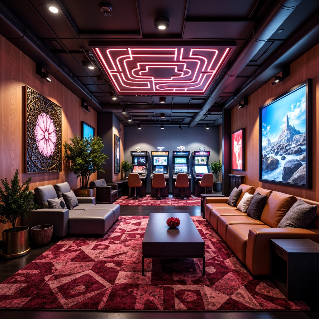 Prompt: Richly textured game room, warm ambient lighting, sleek modern furniture, vibrant neon accents, futuristic arcade machines, retro console stations, cozy plush carpets, colorful geometric patterns, metallic decorative frames, high-gloss finishes, abstract artwork, 3D sculpted decorations, dramatic shadows, cinematic mood lighting, shallow depth of field, 1/2 composition, realistic reflections.