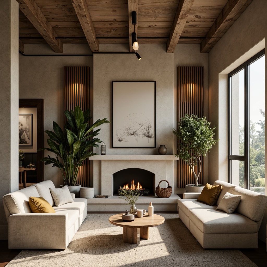 Prompt: Earthy tones, natural materials, warm beige walls, reclaimed wood accents, soft sage greenery, creamy whites, industrial metal fixtures, matte black frames, moody atmospheric lighting, shallow depth of field, 2/3 composition, intimate setting, cozy textiles, plush furnishings, inviting ambiance.