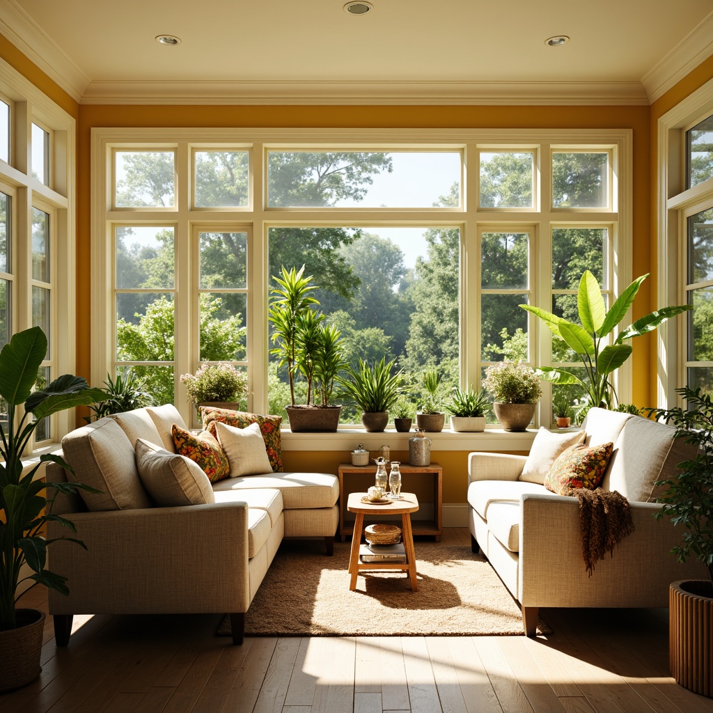 Prompt: Bright sunroom, warm natural light, cheerful yellow walls, creamy white trim, soft beige furniture, lush green plants, vibrant floral patterns, wooden accents, nature-inspired decor, cozy throw blankets, plush area rugs, calming atmosphere, serene ambiance, shallow depth of field, 1/1 composition, realistic textures, ambient occlusion.