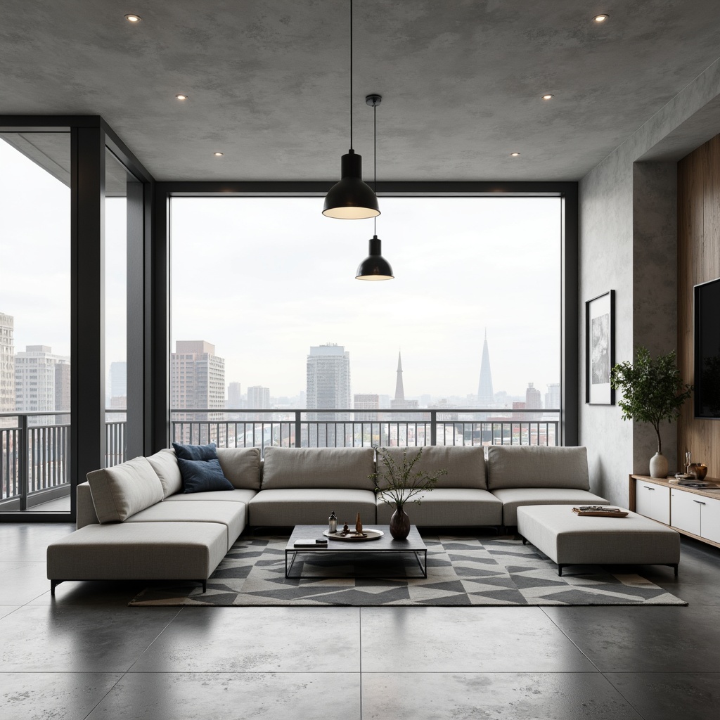 Prompt: Minimalist living room, sleek low-profile sofa, monochromatic color scheme, polished concrete floor, geometric patterned rug, industrial metal coffee table, pendant light fixtures, floor-to-ceiling windows, urban cityscape view, natural daylight, softbox lighting, 1/1 composition, symmetrical framing, realistic materials, ambient occlusion.