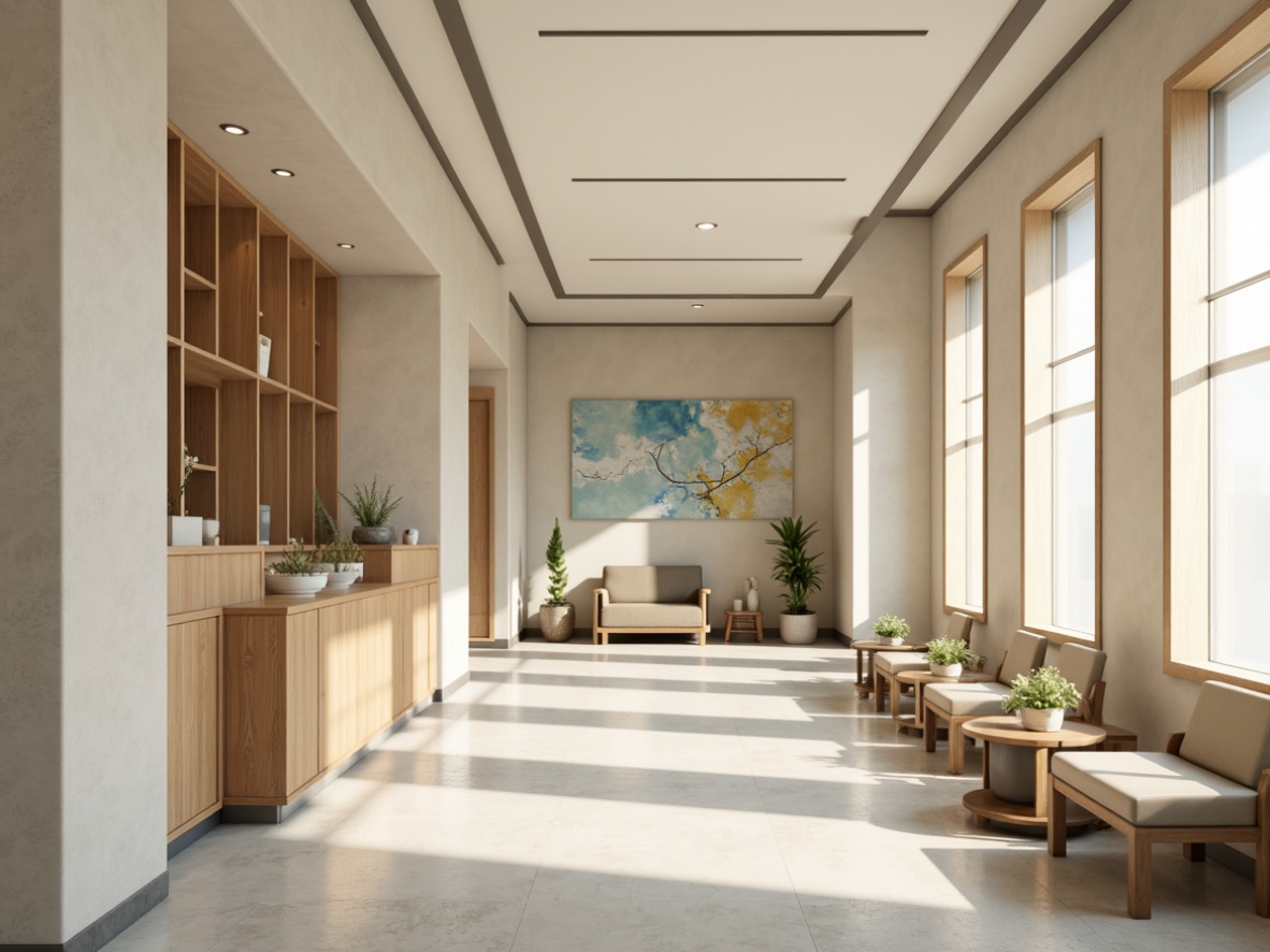 Prompt: Calming clinic interior, soft beige walls, gentle cream accents, soothing blue tones, natural wood textures, minimalist decor, comfortable waiting areas, warm lighting, subtle shadows, 1/1 composition, shallow depth of field, realistic renderings, ambient occlusion.