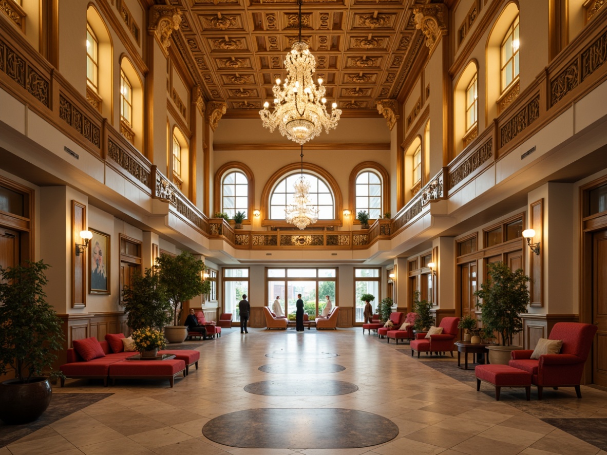 Prompt: Ornate hospital lobby, golden accents, curved lines, luxurious furnishings, velvet upholstery, carved wooden decorations, crystal chandeliers, marble floors, intricate moldings, French-inspired ornamentation, soft warm lighting, shallow depth of field, 1/1 composition, realistic textures, ambient occlusion.