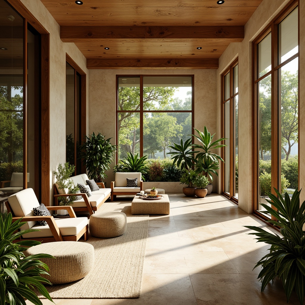 Prompt: Vibrant sunroom, mid-century modern design, large windows, sliding glass doors, natural stone floors, wooden accents, organic shapes, lush greenery, tropical plants, warm beige tones, earthy color palette, abundant natural light, soft diffused lighting, shallow depth of field, 1/1 composition, panoramic view, realistic textures, ambient occlusion, morning sunlight, afternoon warmth, cozy reading nooks, plush furniture, geometric patterns, minimalist decor.