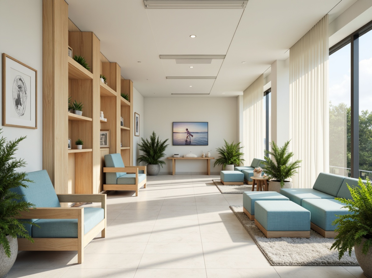 Prompt: Calming medical clinic, soft pastel colors, creamy whites, gentle blues, soothing greens, warm beige tones, natural wood accents, minimal metallic details, subtle texture overlays, realistic lighting effects, shallow depth of field, 2/3 composition, intimate atmosphere, serene ambiance, comfortable seating areas, lush green plants, abstract artwork, modern furniture designs.