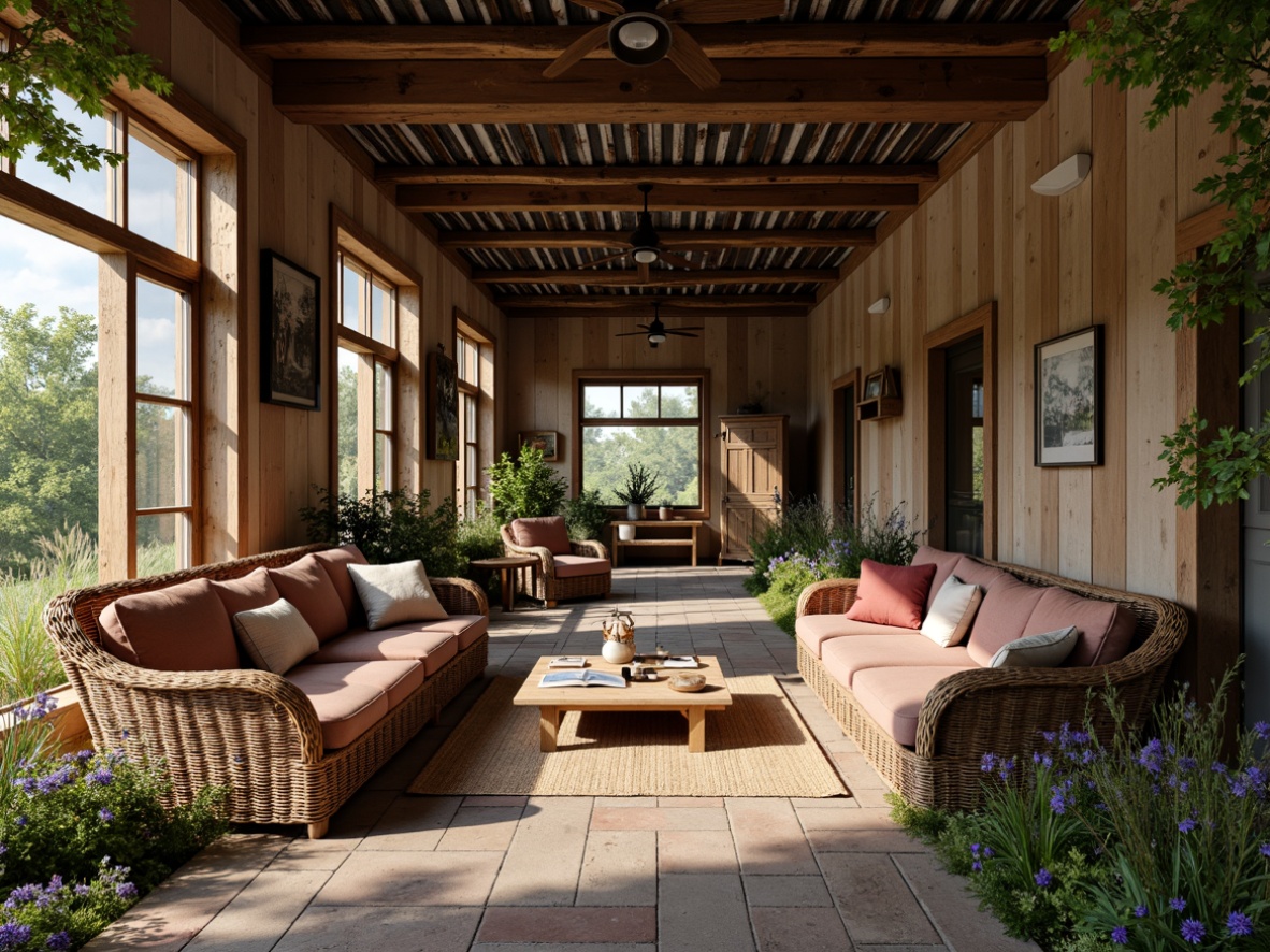 Prompt: Rustic institute farmhouse, reclaimed wooden walls, distressed metal roofing, vintage agricultural tools, exposed brick surfaces, earthy color palette, natural stone flooring, woven wicker furniture, plush velvet upholstery, soft warm lighting, shallow depth of field, 1/1 composition, realistic textures, ambient occlusion, cozy reading nooks, lush greenery, blooming wildflowers.