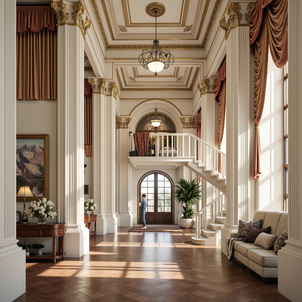 Prompt: Intricate moldings, ornate details, grandiose columns, symmetrical facades, creamy white marble, subtle gold accents, refined stucco walls, ornamental pilasters, classical arches, sweeping staircases, lavish chandeliers, opulent furnishings, rich velvet drapes, polished wooden floors, soft warm lighting, shallow depth of field, 1/1 composition, realistic textures, ambient occlusion.