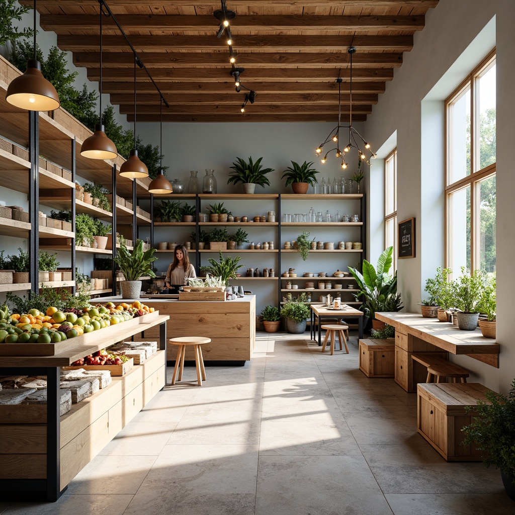 Prompt: Light-filled Scandinavian grocery store, warm wooden accents, soft pastel colors, calming blue tones, natural textures, earthy stone floors, minimalist shelving units, industrial metal racks, fresh greenery, vibrant fruit displays, wooden crates, wicker baskets, cozy corner seating areas, pendant lamps, softbox lighting, 1/1 composition, realistic product rendering, subtle atmospheric effects.