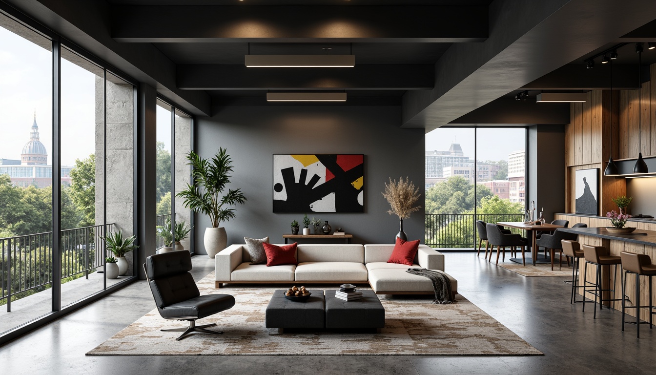 Prompt: Monochromatic color scheme, bold primary hues, stark black accents, industrial metal tones, natural wood textures, geometric patterns, minimal ornamentation, functional simplicity, rectangular forms, open floor plans, abundant natural light, large windows, sliding glass doors, urban cityscape views, modernist aesthetic, clean lines, reduced clutter, functional furniture design.