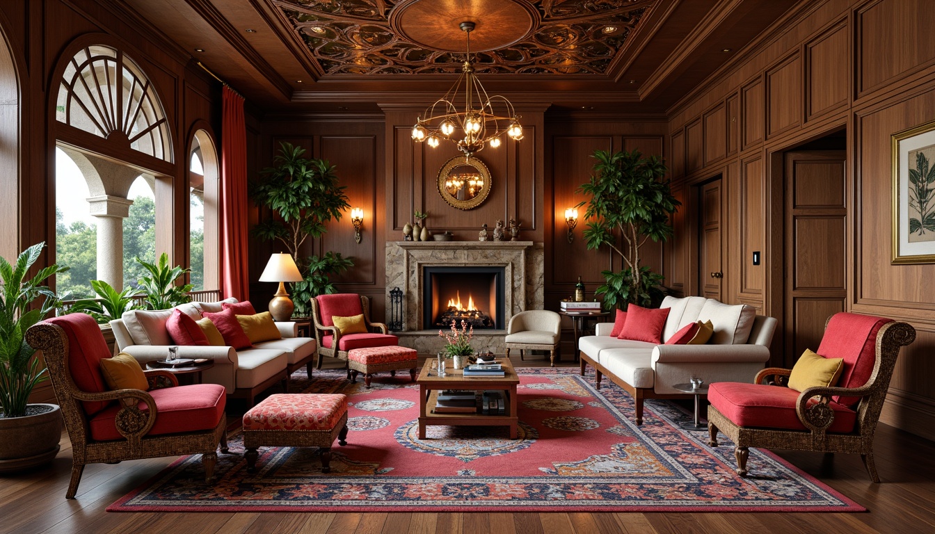 Prompt: Elegant living room, rich wood paneling, plush velvet sofas, ornate wooden armchairs, vibrant colorful throw pillows, luxurious Moroccan-inspired rugs, warm soft lighting, cozy fireplace, traditional architectural details, intricate ceiling moldings, curved bay windows, lush greenery, natural stone walls, eclectic decorative accents, statement chandeliers, 1/2 composition, shallow depth of field, realistic textures, ambient occlusion.