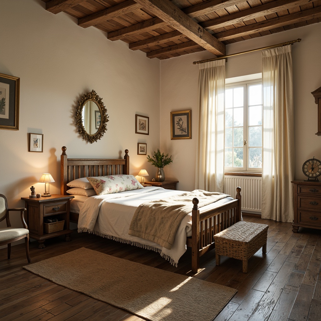 Prompt: Rustic farmhouse bedroom, vintage wooden furniture, distressed finishes, soft pastel colors, floral patterns, natural fabrics, linen bedding, woven baskets, antique decor, candlelight ambiance, warm beige walls, reclaimed wood flooring, plush area rugs, country-style window treatments, gentle morning light, shallow depth of field, 1/1 composition, cozy atmosphere, realistic textures.