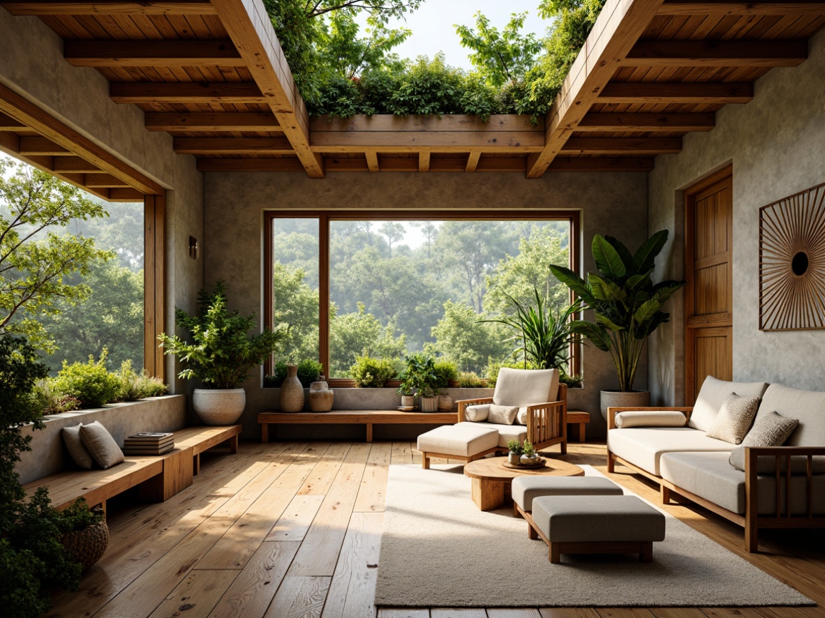 Prompt: Rustic wooden accents, earthy stone walls, lush green roofs, natural fiber textiles, reclaimed wood floors, bamboo furniture, organic shapes, curved lines, minimalist decor, abundant natural light, warm cozy ambiance, soft diffused lighting, shallow depth of field, 1/1 composition, panoramic view, realistic textures, ambient occlusion.