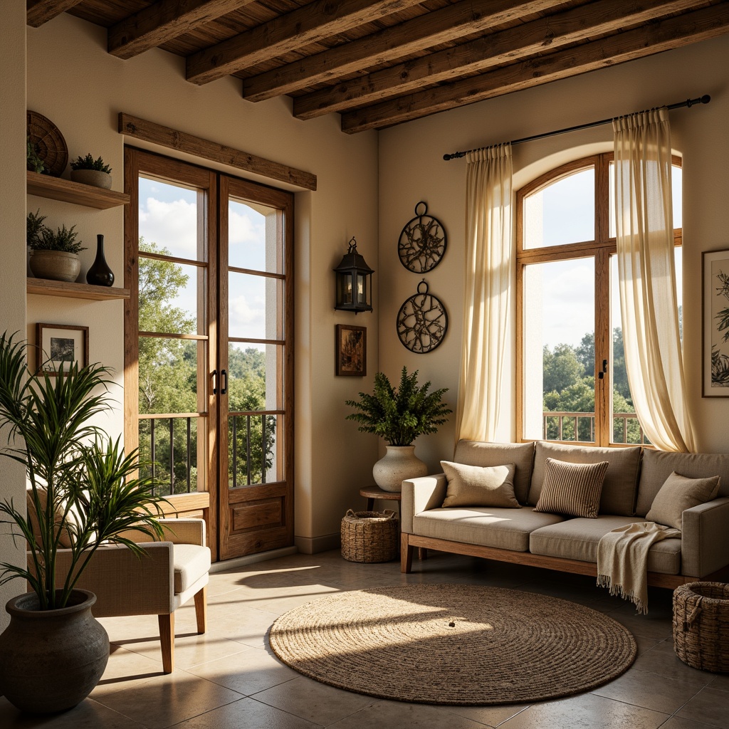 Prompt: Rustic farmhouse interior, earthy tones, warm beige walls, reclaimed wood accents, vintage metal decorations, distressed wooden beams, natural stone flooring, cozy nooks, plush greenery, botanical prints, woven textiles, soft cream curtains, warm golden lighting, shallow depth of field, 1/2 composition, realistic textures, ambient occlusion.Please let me know if this meets your requirements!