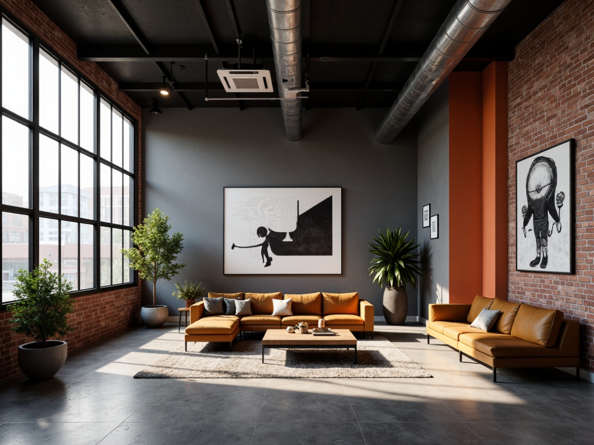 Prompt: Monochromatic color scheme, primary colors, bold contrasts, geometric patterns, industrial materials, exposed brick walls, polished metal accents, sleek wooden furniture, minimalist decor, functional lighting, abstract artwork, urban loft atmosphere, high ceilings, open floor plans, natural light pouring in, soft warm glow, 1/1 composition, realistic textures, ambient occlusion.