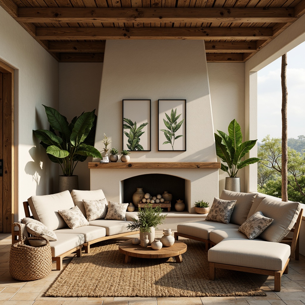 Prompt: Earthy tone, reclaimed wood accents, natural stone walls, woven wicker furniture, jute rugs, linen upholstery, botanical prints, potted greenery, organic shapes, minimal ornamentation, soft warm lighting, cozy ambiance, inviting textures, nature-inspired color palette, earthy scent, serene atmosphere, 1/1 composition, shallow depth of field, realistic renderings.