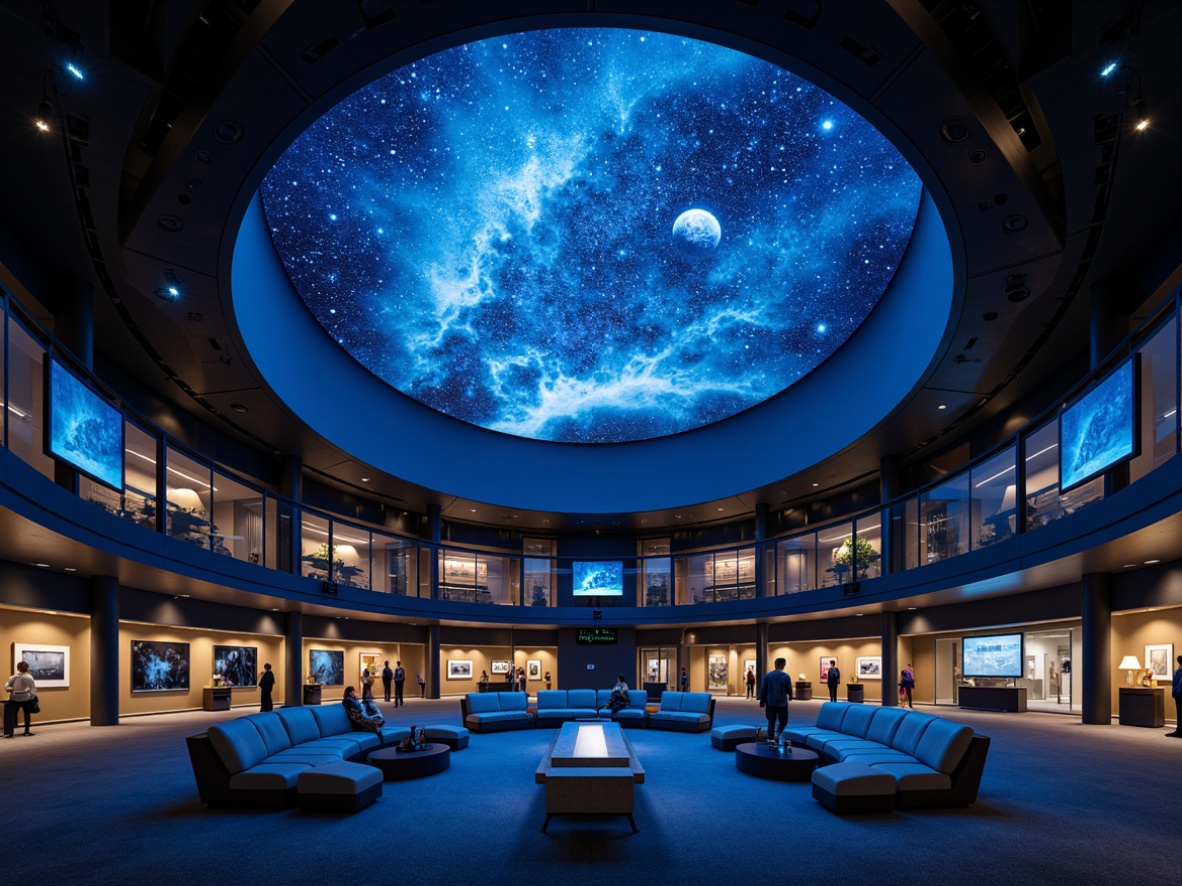 Prompt: Celestial-themed planetarium, dome-shaped architecture, starry night sky projections, interactive exhibit spaces, virtual reality experiences, immersive audio systems, reclined seating areas, circular ramps, open observation decks, minimalist interior design, dark tone color schemes, ambient LED lighting, 360-degree panoramic views, futuristic astronautical elements, spherical screens, astronomical instrument displays, educational multimedia presentations, guided tour routes, accessible wheelchair paths, soft carpet flooring, subtle gradient textures, shallow depth of field, symmetrical composition.