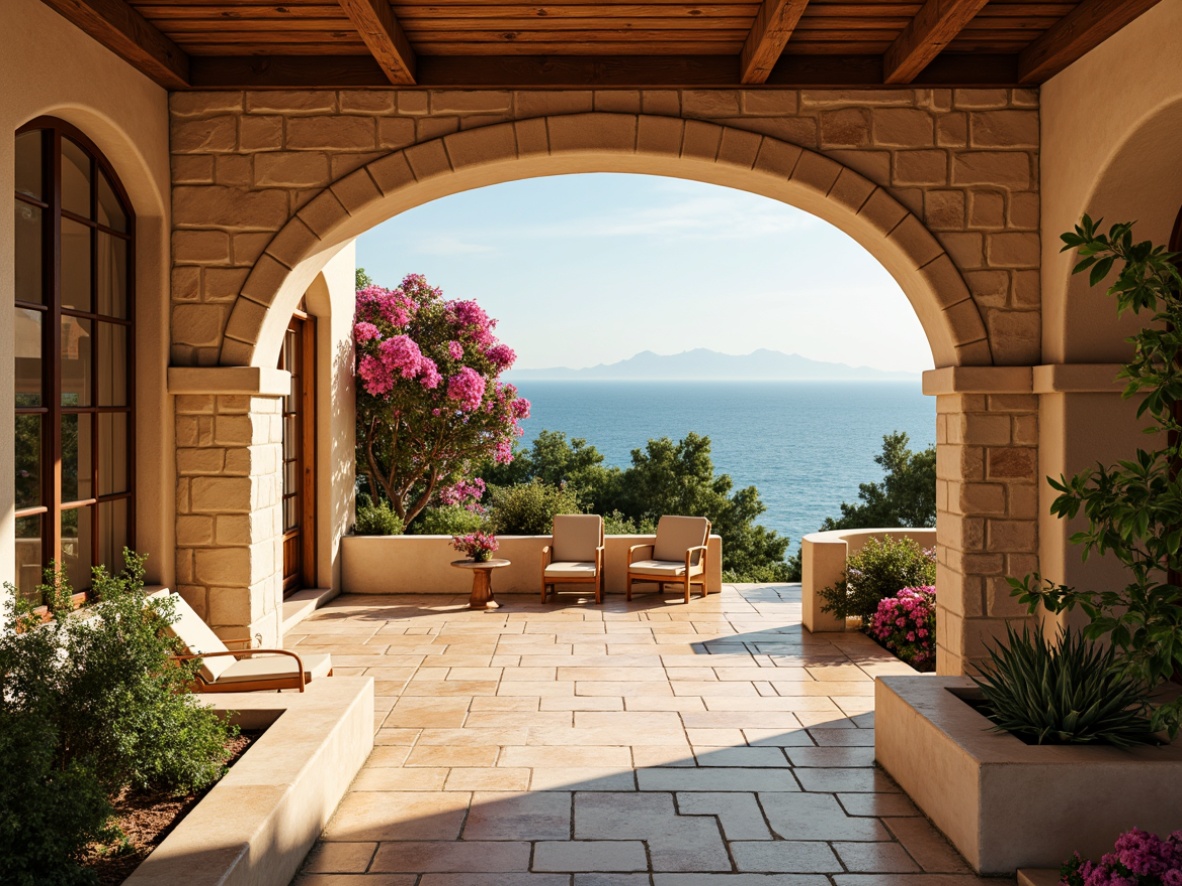 Prompt: Warm Mediterranean villa, rustic stone walls, curved archways, ornate tiles, turquoise accents, earthy terracotta floors, soft beige stucco, lush greenery, vibrant bougainvillea, tranquil ocean views, sunny day, warm golden lighting, shallow depth of field, 3/4 composition, realistic textures, ambient occlusion.