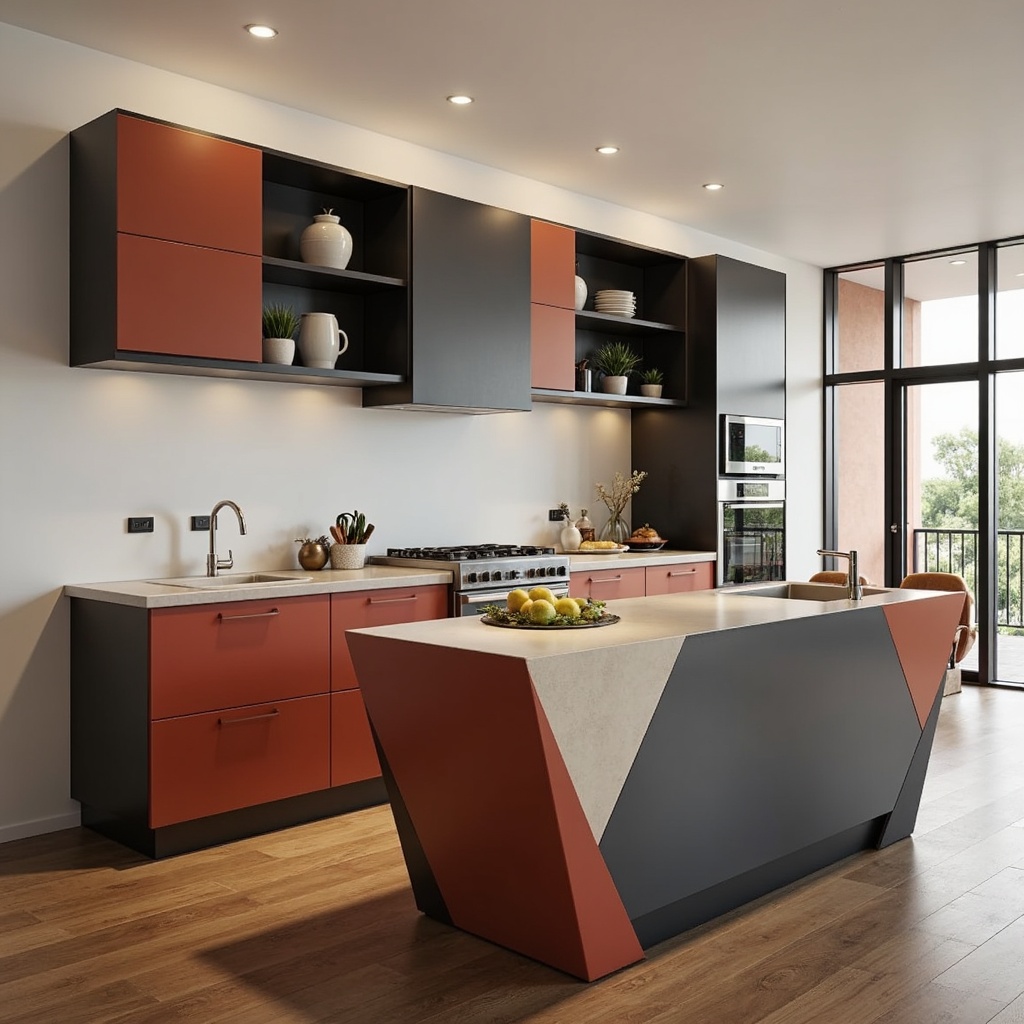 Prompt: Geometric kitchen island, minimalist cabinetry, industrial metal legs, bold color blocking, rectangular shapes, functional simplicity, clean lines, monochromatic scheme, matte finishes, handle-less doors, built-in shelving, angular sink basin, flat-panel appliances, wooden flooring, warm overhead lighting, 1/1 composition, high-contrast shading, realistic reflections.