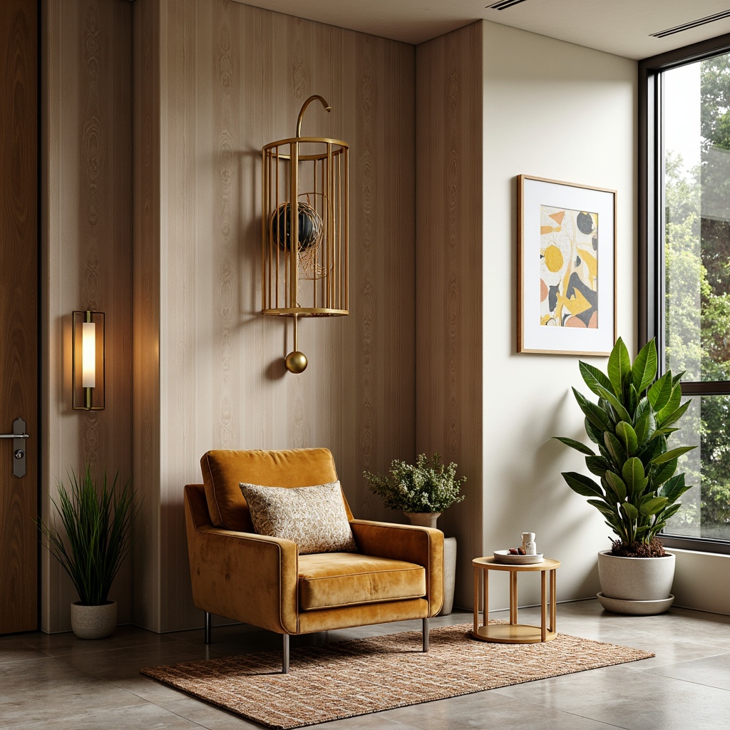 Prompt: Cozy modern nook, plush velvet armchair, rich wood accents, metallic gold decor, soft cream-colored walls, natural stone flooring, minimalist coffee table, geometric patterned rug, abstract artwork, floor-to-ceiling windows, lush green plants, warm ambient lighting, 1/2 composition, shallow depth of field, realistic textures.