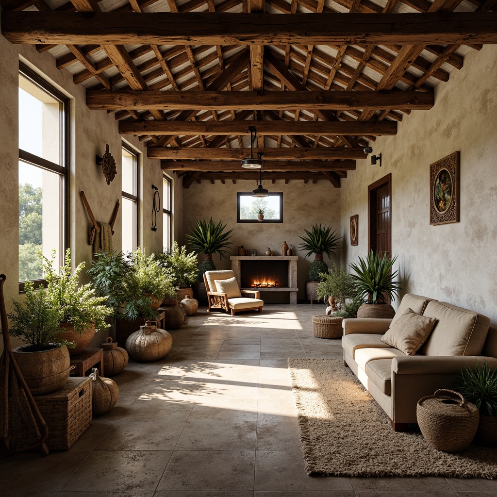 Prompt: Rustic farmhouse, exposed stone walls, reclaimed wood accents, metal roofing, industrial windows, earthy color palette, natural textiles, woven baskets, potted plants, organic gardens, wooden farm tools, distressed leather furniture, vintage decorative items, soft warm lighting, cozy ambiance, shallow depth of field, 1/1 composition, realistic textures, ambient occlusion.