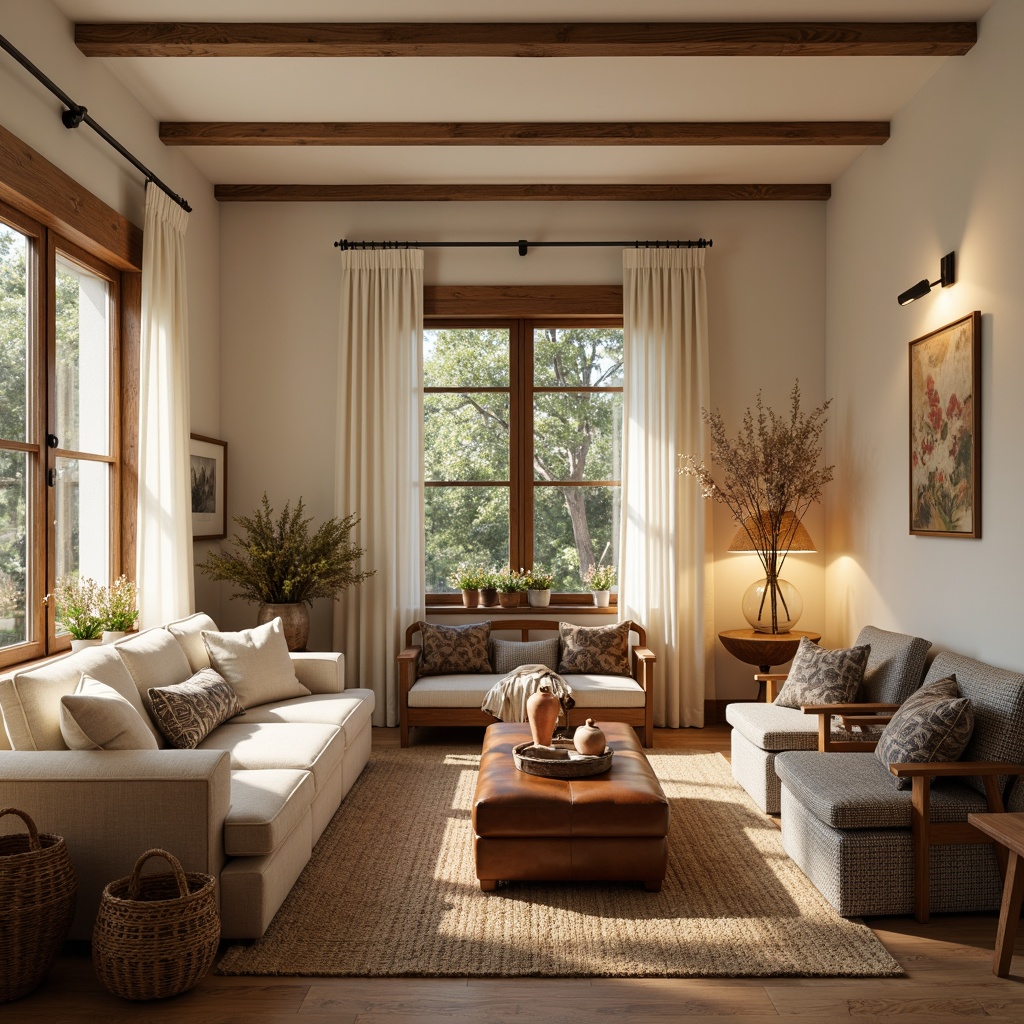 Prompt: Cozy living room, plush velvet sofa, soft cushions, warm beige carpet, woven baskets, natural fiber rugs, earthy terracotta vases, rustic wooden coffee table, ambient lamp lighting, creamy white walls, vintage patterned armchairs, rich brown leather ottoman, floor-to-ceiling drapes, subtle herringbone upholstery, tactile throw blankets, organic shapes, warm golden hour lighting, shallow depth of field, 1/1 composition.