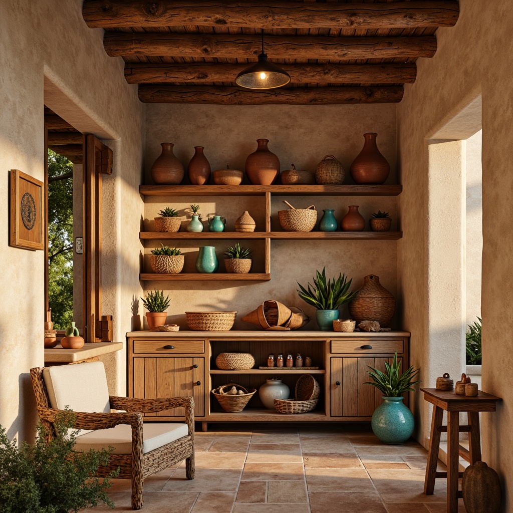 Prompt: Southwestern style pantry, warm earthy tones, rustic wooden shelves, woven baskets, terracotta pottery, vibrant turquoise accents, pendant lanterns, warm soft lighting, golden hour ambiance, 1/2 composition, natural stone countertops, rough-hewn beams, adobe-inspired architecture, desert botanicals, cactus plants, warm beige walls, distressed wood finishes, rattan furniture, earthy scent, cozy atmosphere.