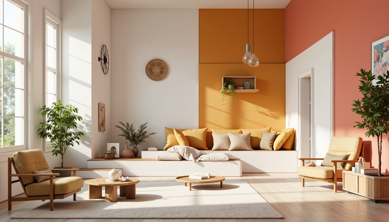 Prompt: Vibrant modern design, trendy color scheme, pastel hues, bold accents, creamy whites, rich wood tones, metallic finishes, sleek minimalism, Scandinavian-inspired aesthetic, natural light, airy atmosphere, 3/4 composition, soft warm lighting, realistic textures, ambient occlusion.