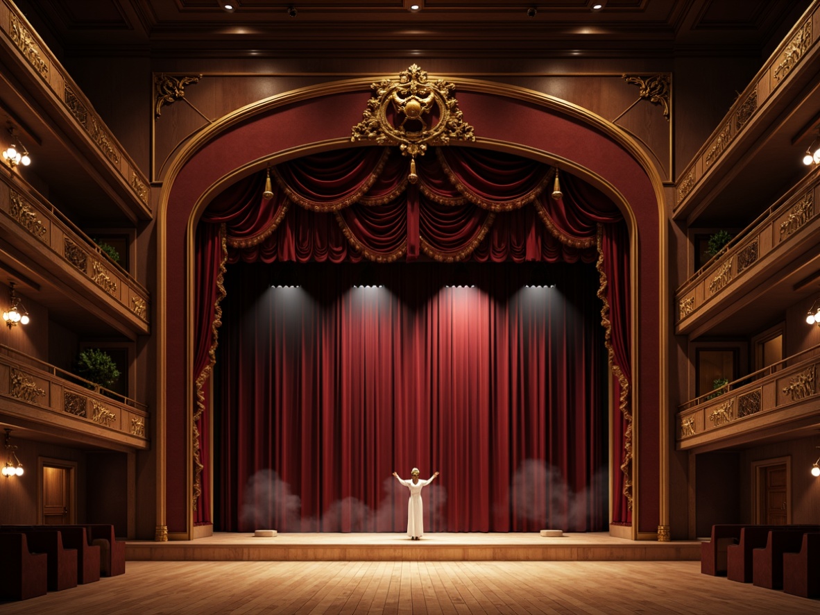 Prompt: Elegant traditional performing arts center, ornate wooden stage, intricately carved balconies, luxurious red velvet curtains, golden trimmings, ornamental lanterns, classic proscenium arch, wooden floorboards, comfortable seating areas, warm dim lighting, soft spotlights, subtle smoke effects, 1/1 composition, realistic textures, ambient occlusion, dynamic shadowing.Please let me know if this meets your requirements or if you need any adjustments!