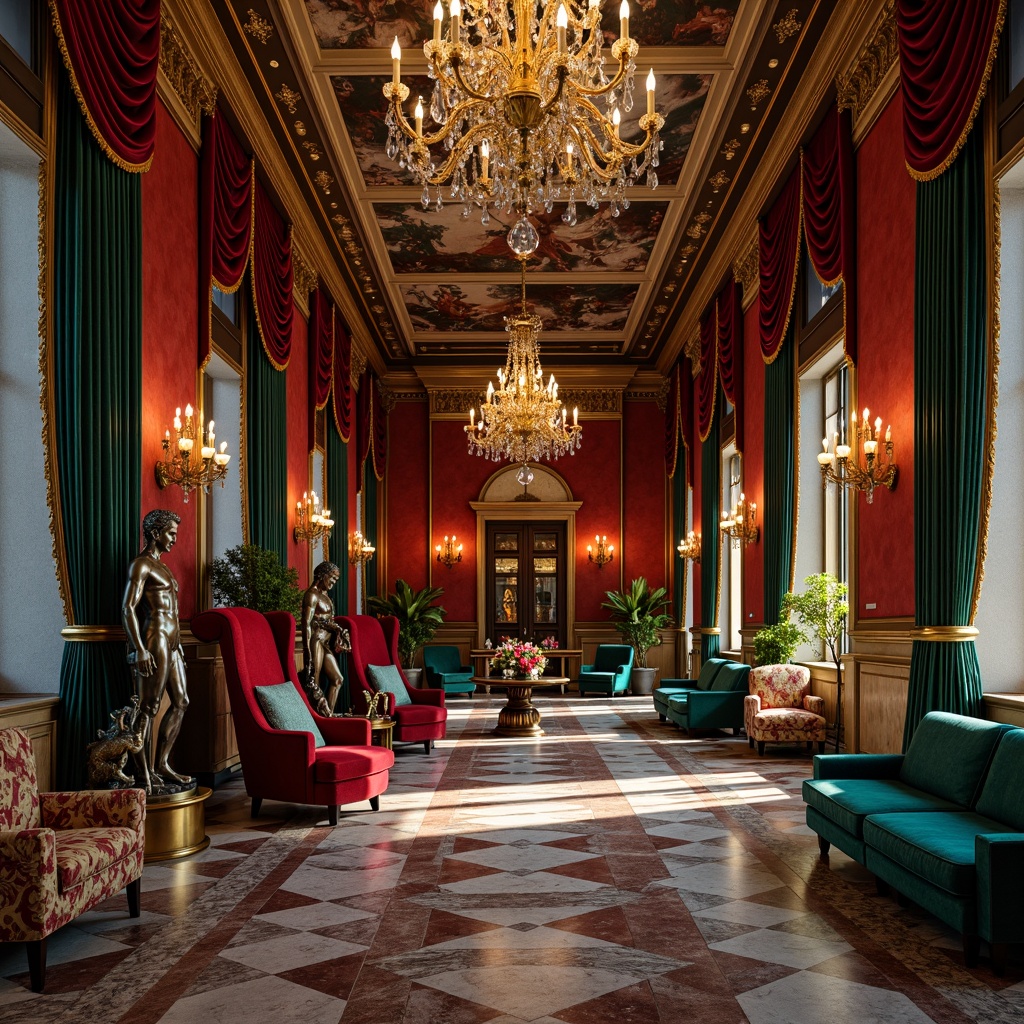 Prompt: Luxurious velvet fabrics, rich jewel-toned accents, ornate gold leafing, intricate marble patterns, lavish crystal chandeliers, dramatic crimson red walls, sumptuous emerald green upholstery, opulent turquoise tapestries, majestic bronze statues, grandiose fresco ceilings, soft warm candlelight, 1/1 composition, intimate shallow focus, realistic textures, ambient occlusion.