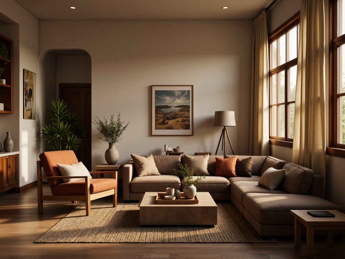 Prompt: Cozy living room, plush sofa, velvet armchair, wooden coffee table, soft cushions, warm lamp lighting, natural fiber rugs, minimalist decor, calming color palette, ergonomic chair design, comfortable seating arrangement, relaxing ambiance, shallow depth of field, 1/1 composition, realistic textures, ambient occlusion.