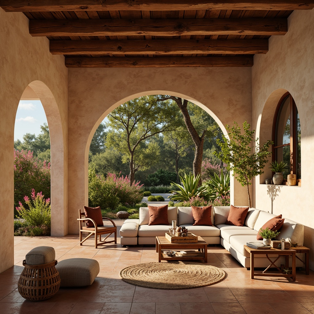 Prompt: Warm Mediterranean villa, curved archways, rustic stone walls, terracotta floors, wooden beam ceilings, lush greenery, vibrant flowers, plush sectional sofas, distressed leather armchairs, reclaimed wood coffee tables, woven rattan baskets, natural fiber rugs, earthy color palette, warm golden lighting, shallow depth of field, 3/4 composition, realistic textures, ambient occlusion.