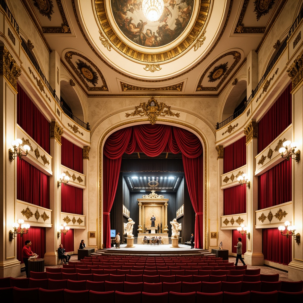 Prompt: Grand opera house, ornate neoclassical facade, ivory white marble columns, gilded bronze details, rich velvet drapes, crimson red accents, golden chandeliers, intricate fresco ceilings, ornamental plaster moldings, lavish crystal fixtures, soft warm lighting, shallow depth of field, 1/2 composition, dramatic spotlighting, realistic textures, ambient occlusion, elegant curved staircases, luxurious private boxes, opulent auditorium seating.