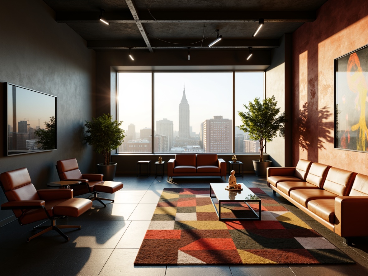 Prompt: Minimalist cinema interior, Bauhaus-style furniture, sleek leather chairs, low-profile sofas, geometric-patterned rugs, industrial metal tables, functional lighting fixtures, bold color accents, abstract artwork, urban cityscape views, afternoon sunlight, high-contrast cinematic lighting, 1/1 composition, symmetrical framing, realistic textures, ambient occlusion.