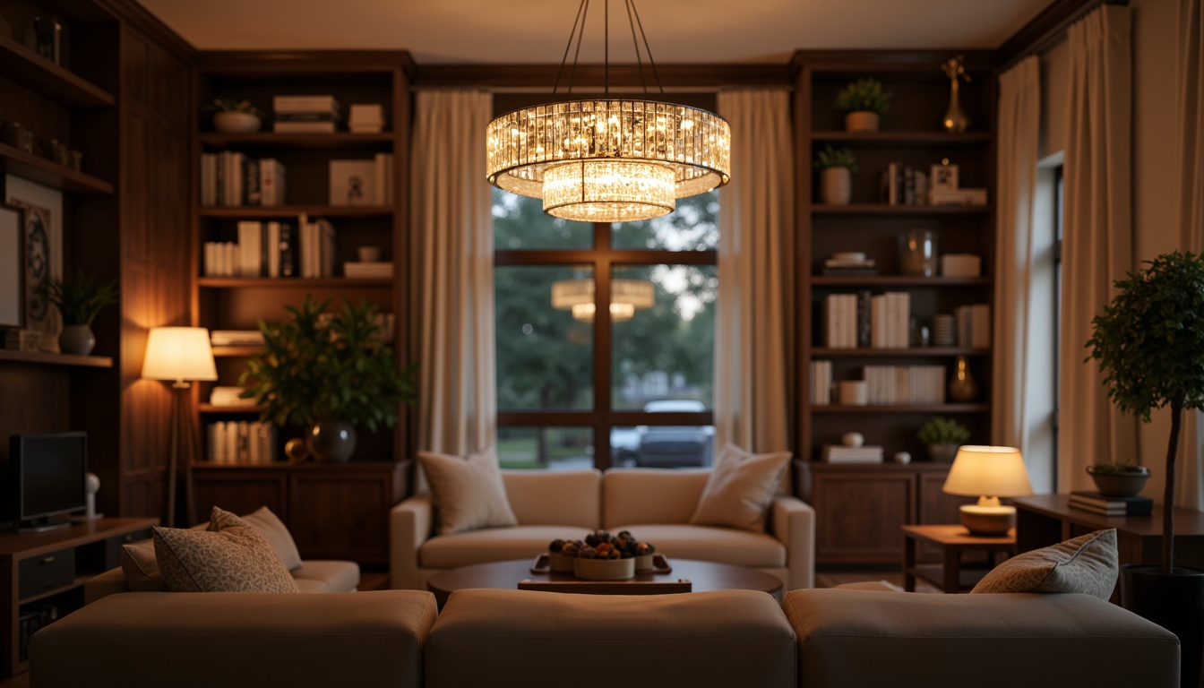 Prompt: Elegant modern chandelier, soft warm glow, luxurious crystal pendant, sleek metal sconce, ambient dimmable lighting, cozy reading nook, comfortable seating area, rich wood tones, sophisticated interior design, refined living room, inviting atmosphere, golden hour, shallow depth of field, 1/2 composition, realistic textures, subtle shadows.