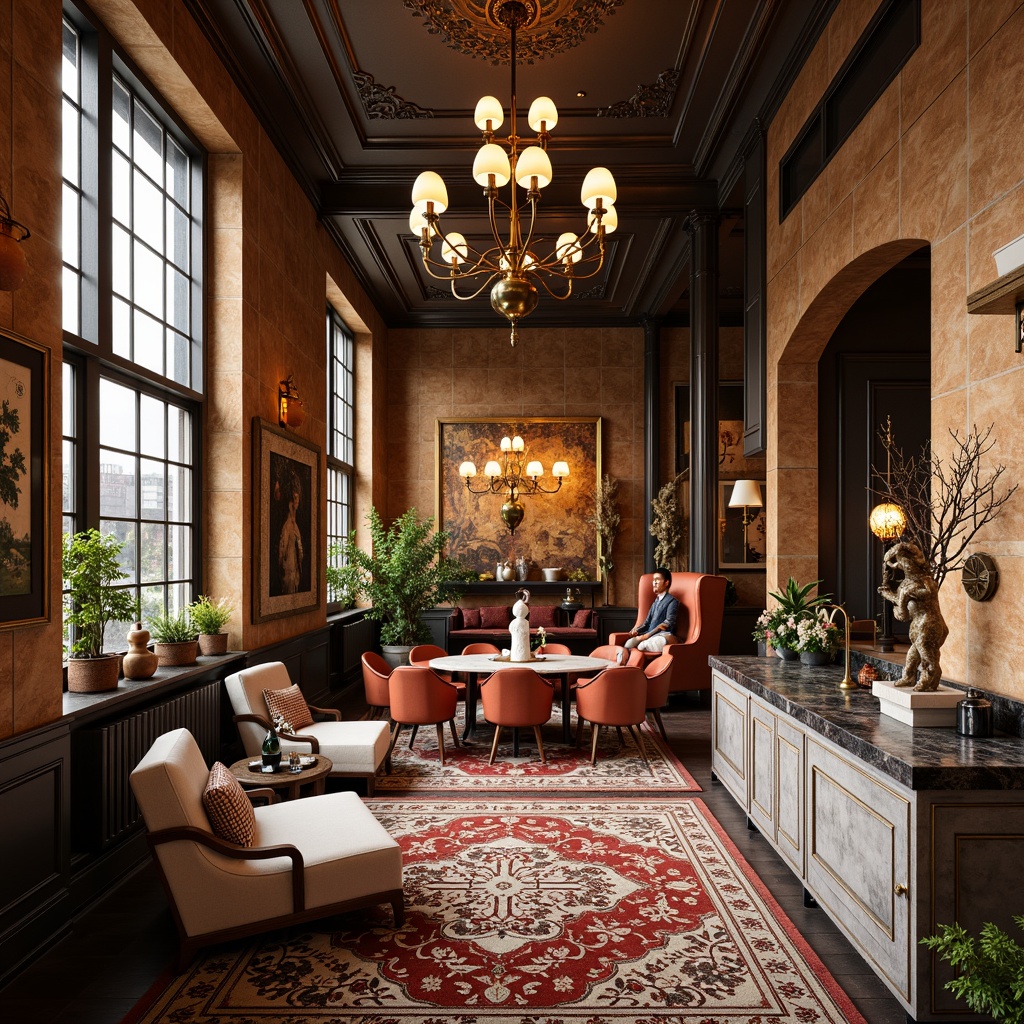 Prompt: Richly textured walls, bold patterned rugs, eclectic mix of vintage and modern furniture, distressed wood accents, ornate metal fixtures, lavish chandeliers, bold color contrasts, vibrant artwork, abstract sculptures, sleek marble countertops, intricate tile mosaics, warm golden lighting, dramatic shadows, shallow depth of field, 1/1 composition, realistic textures, ambient occlusion.