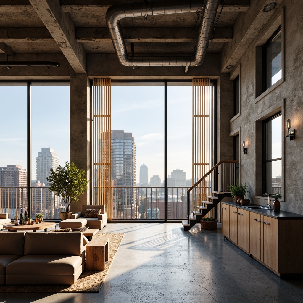 Prompt: Industrial-chic penthouse, open-plan living area, polished concrete floors, exposed ductwork, metal beams, reclaimed wood accents, modern minimalist decor, floor-to-ceiling windows, city skyline views, urban landscape, sunny day, natural light pouring in, soft warm glow, shallow depth of field, 3/4 composition, panoramic view, realistic textures, ambient occlusion, industrial-style lighting fixtures, Edison bulbs, metal staircase, open-riser stairs, minimalist railings, urban loft vibe.