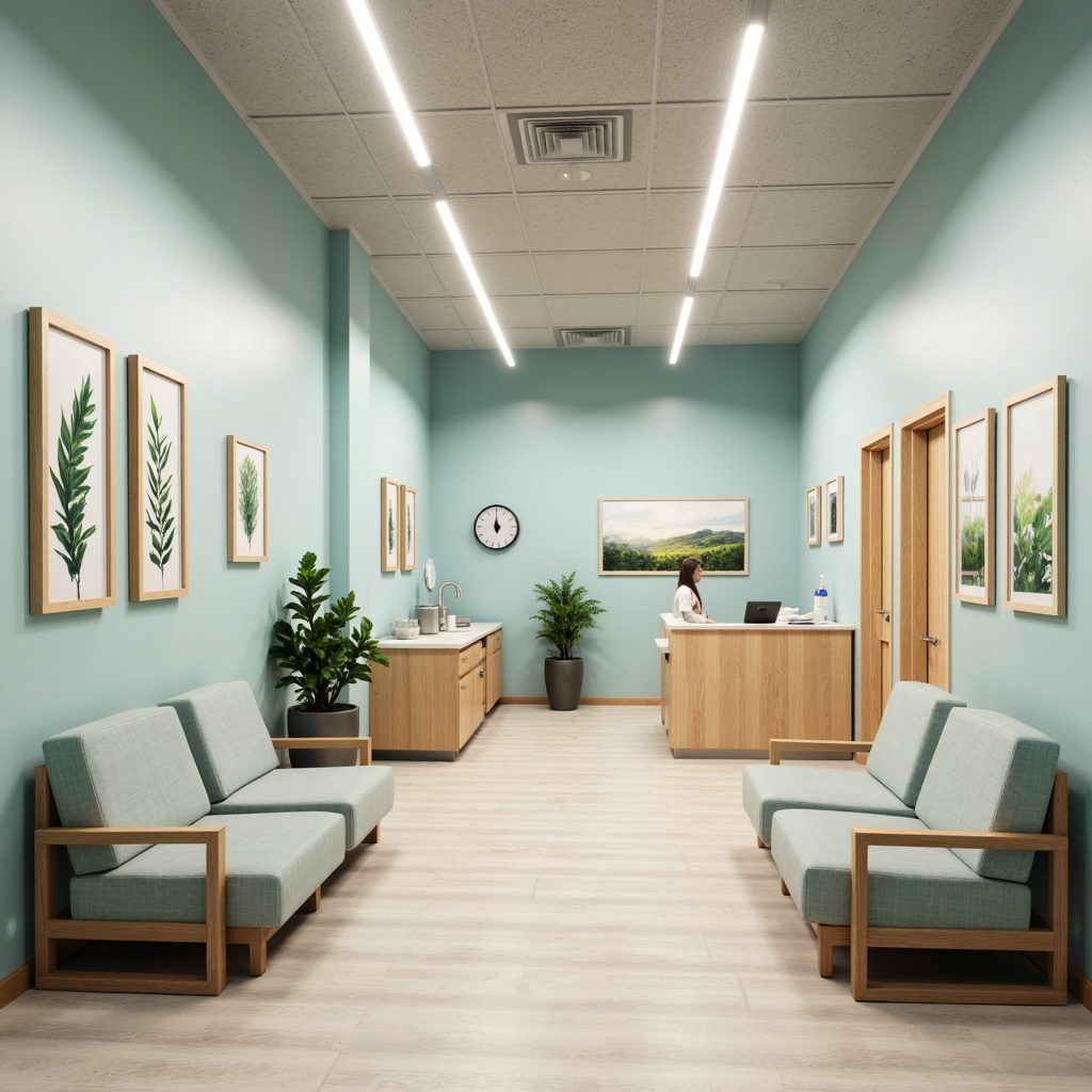 Prompt: Calming medical clinic, soothing color scheme, pastel shades, gentle blues, creamy whites, warm beiges, natural wood accents, soft greenery, calming ambient lighting, serene atmosphere, minimalist decor, modern furniture, sleek metal equipment, sterile surfaces, comfortable waiting areas, peaceful artwork, nature-inspired patterns, subtle texture overlays, shallow depth of field, 1/1 composition, realistic renderings, ambient occlusion.