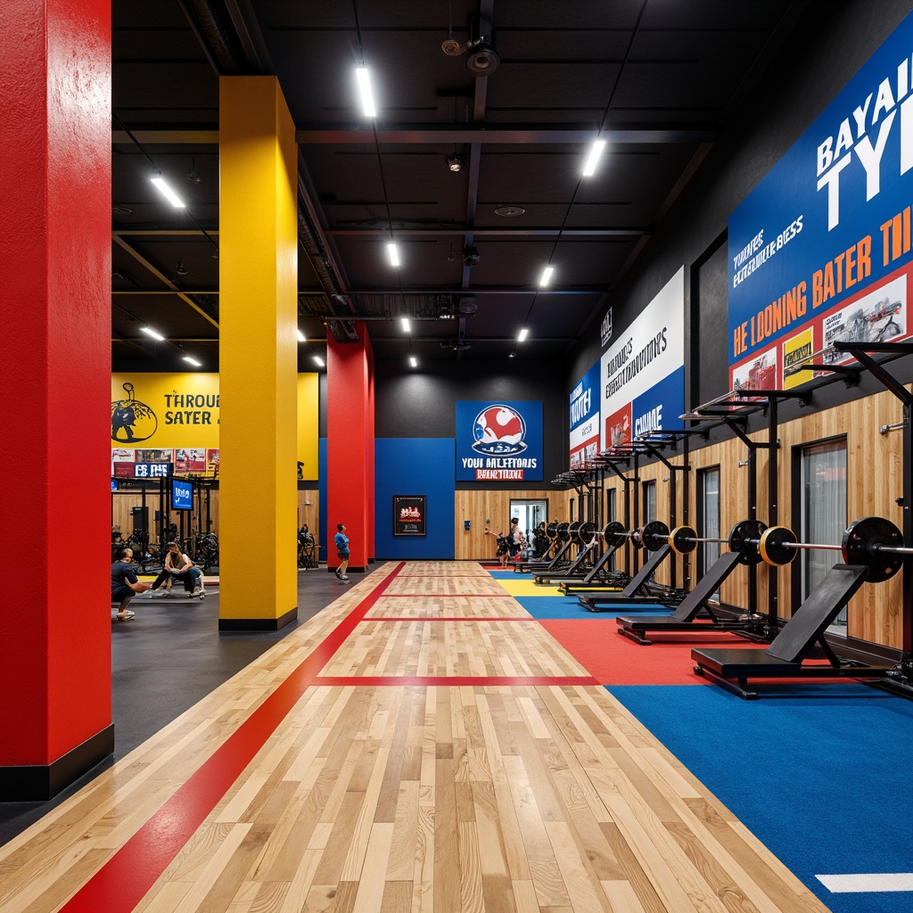 Prompt: Vibrant gym interior, bright athletic colors, bold accent walls, dynamic flooring patterns, motivational quotes, sleek metal equipment, modern sports facilities, natural wood tones, energetic lighting, high-contrast signage, sporty textures, shallow depth of field, 1/2 composition, realistic reflections, ambient occlusion.