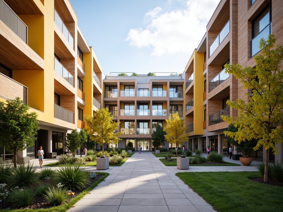 Prompt: Vibrant university campus, modern educational buildings, bold accent walls, warm beige tones, rich wood textures, calming greenery, natural stone pathways, sleek metal railings, glass atriums, innovative lighting fixtures, soft box lighting, shallow depth of field, 3/4 composition, panoramic view, realistic textures, ambient occlusion.