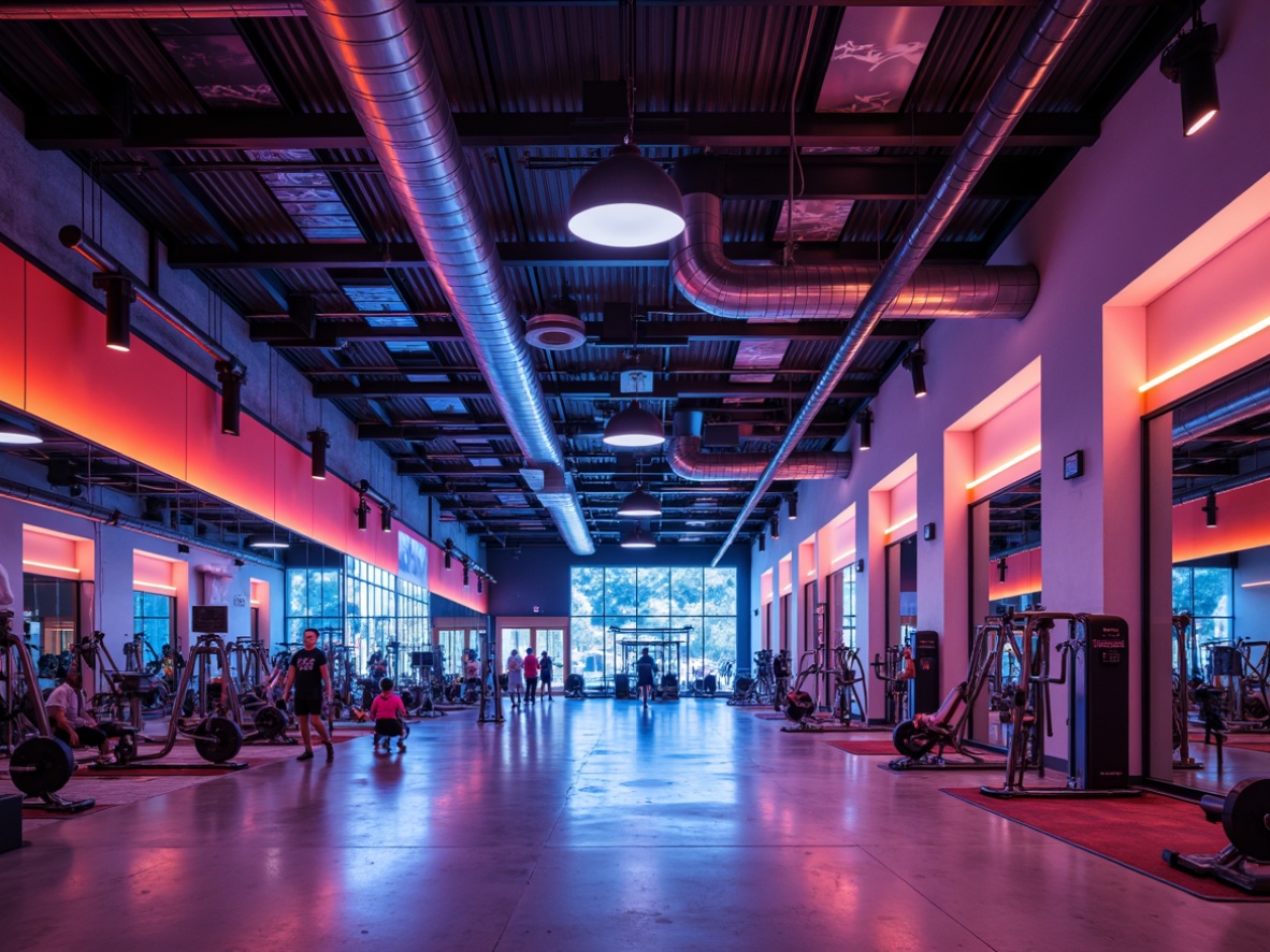 Prompt: Modern fitness center, industrial-chic decor, exposed ductwork, polished concrete floors, mirrored walls, high ceilings, vibrant color scheme, LED strip lighting, overhead trusses, suspended fixtures, metal shades, frosted glass diffusers, indirect cove lighting, ambient glow, soft shadows, dramatic accent lights, athletic equipment silhouettes, dynamic energy atmosphere, 1/2 composition, low-angle shot, realistic reflections.