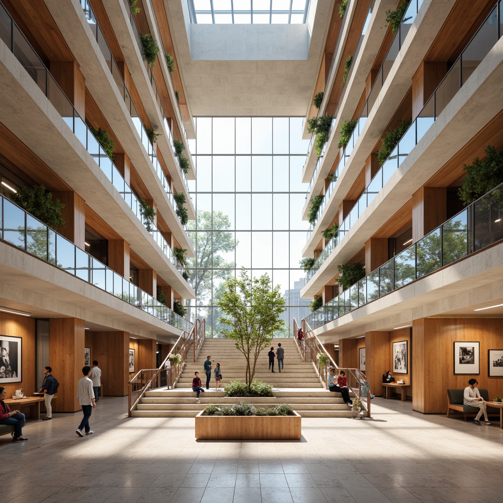 Prompt: Vibrant cultural center, open atrium, natural light pouring in, elegant staircases, polished marble floors, warm wooden accents, modern art installations, interactive exhibits, cozy reading nooks, comfortable seating areas, flexible event spaces, adaptive lighting systems, minimalist decor, subtle color schemes, harmonious textures, functional layouts, efficient circulation paths, accessible ramps, inclusive designs, calming ambiance, soft background music, panoramic views, realistic renderings.