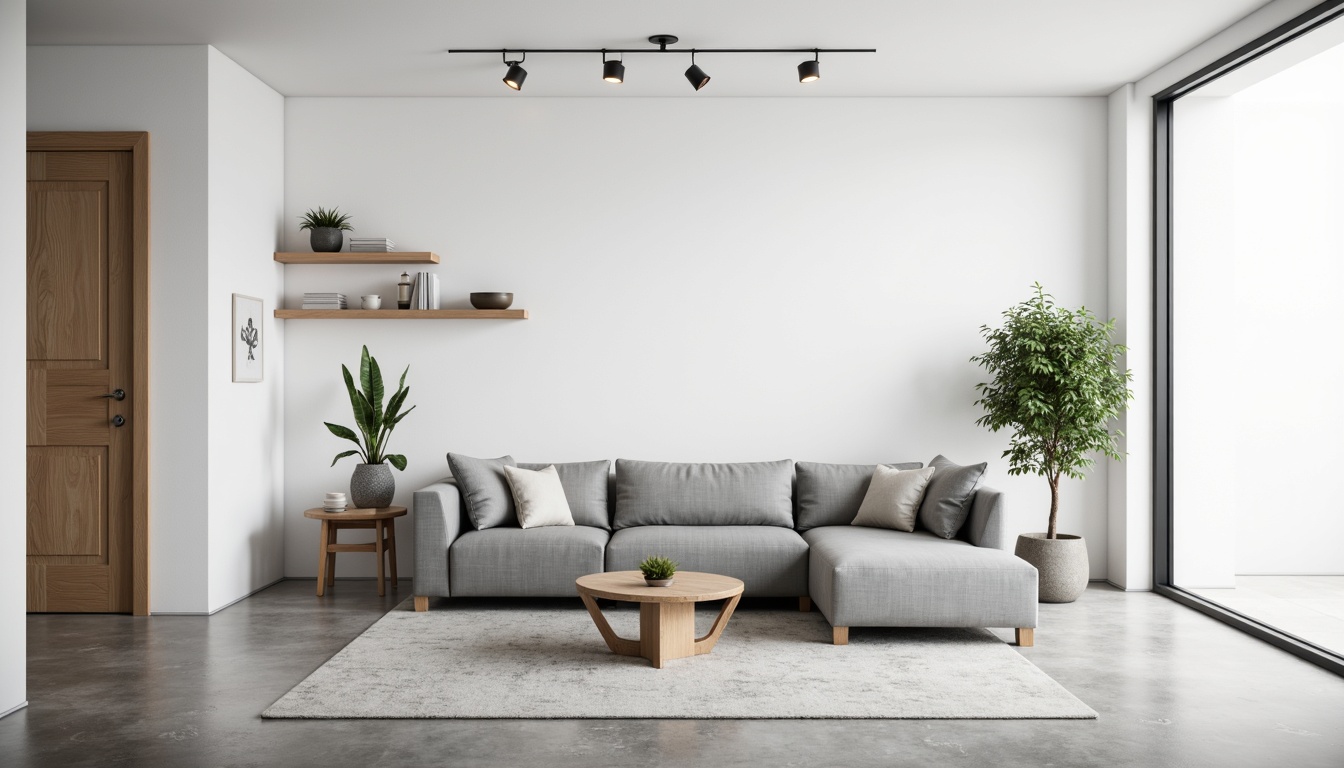 Prompt: Minimalist living room, empty space, monochromatic color scheme, sleek low-profile sofa, geometric coffee table, minimalist decor, sparse greenery, industrial metal lighting, concrete floor, plain white walls, simple wooden shelves, decluttered surfaces, natural textiles, subtle ambient lighting, shallow depth of field, 1/1 composition, soft focus, realistic reflections.