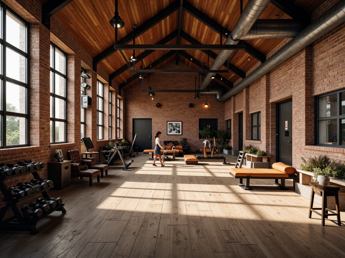 Prompt: Rustic wooden gym, exposed brick walls, industrial metal beams, vintage exercise equipment, worn leather weights, distressed metal dumbbells, reclaimed wood floors, earthy tone color scheme, natural stone accents, large windows, soft warm lighting, 3/4 composition, shallow depth of field, realistic textures, ambient occlusion.