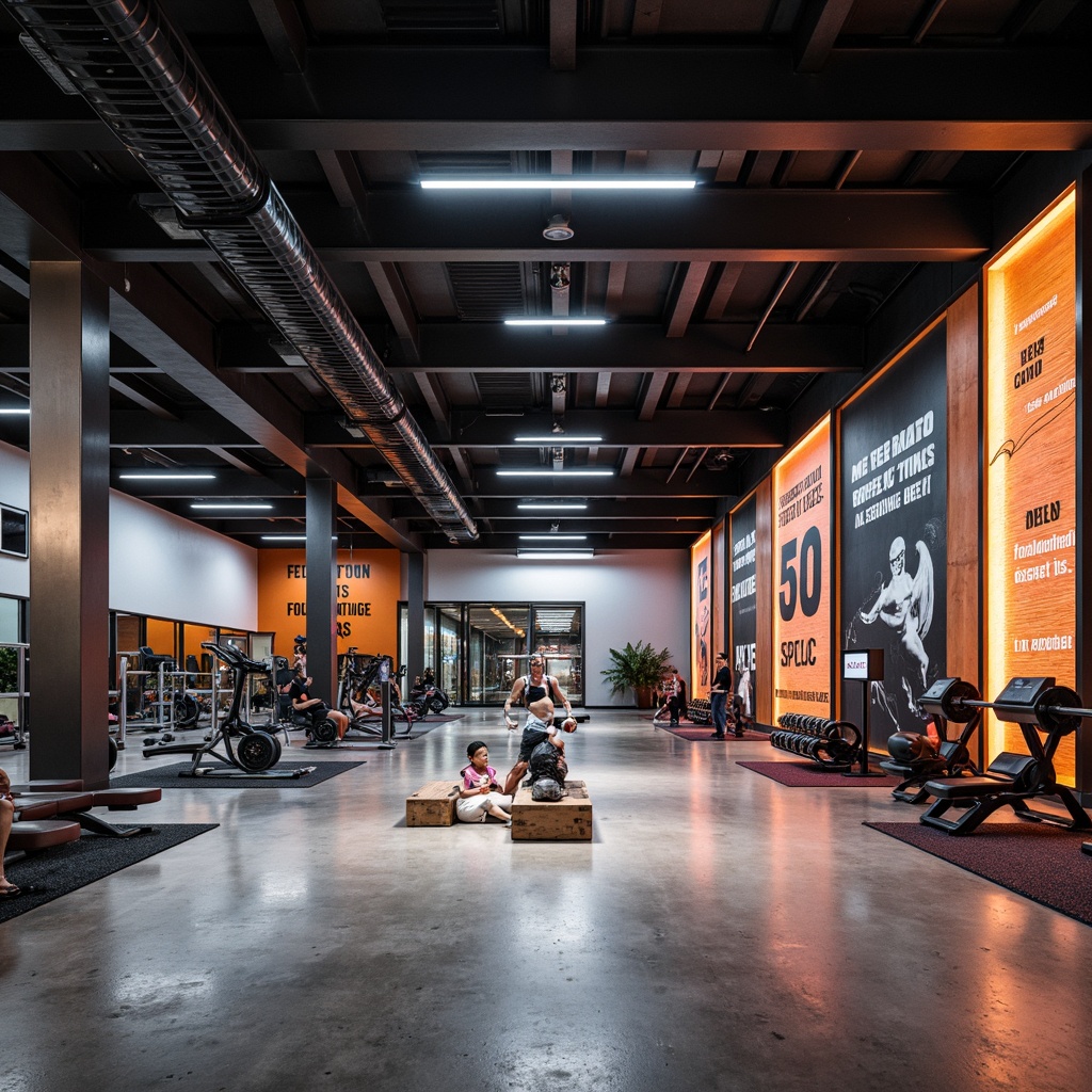 Prompt: Modern fitness center, sleek metal beams, polished concrete floors, mirrored walls, LED lighting, bold color schemes, textured rubber flooring, industrial chic decor, reclaimed wood accents, minimalist design, urban loft atmosphere, high-contrast graphics, motivational quotes, dynamic lighting effects, shallow depth of field, 1/1 composition, realistic reflections.