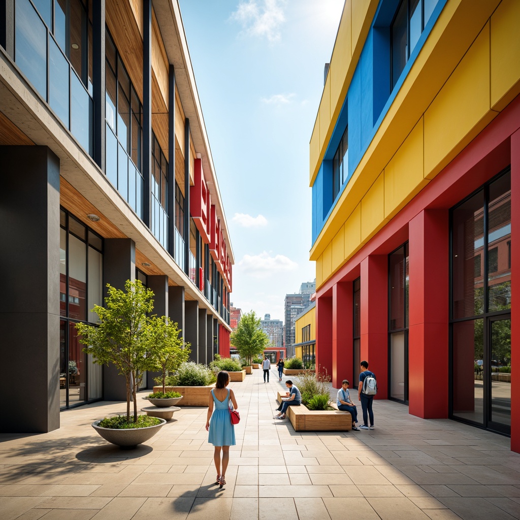 Prompt: Vibrant university campus, modern educational facilities, bold accent walls, neutral beige flooring, rich wood tones, pops of bright blue, energetic yellow, deep crimson, sophisticated black accents, natural light pouring in, floor-to-ceiling windows, minimal ornamentation, clean lines, geometric patterns, subtle texture variations, softbox lighting, 1/2 composition, realistic renderings, ambient occlusion.