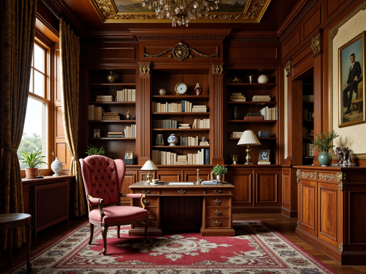 Prompt: Richly ornamented home office, intricately carved wooden desk, plush velvet armchair, ornate golden lamp, luxurious leather-bound books, antique clock, polished mahogany shelves, intricate patterned rug, warm golden lighting, soft focus, shallow depth of field, 2/3 composition, vintage-style frames, realistic wood textures, ambient occlusion.