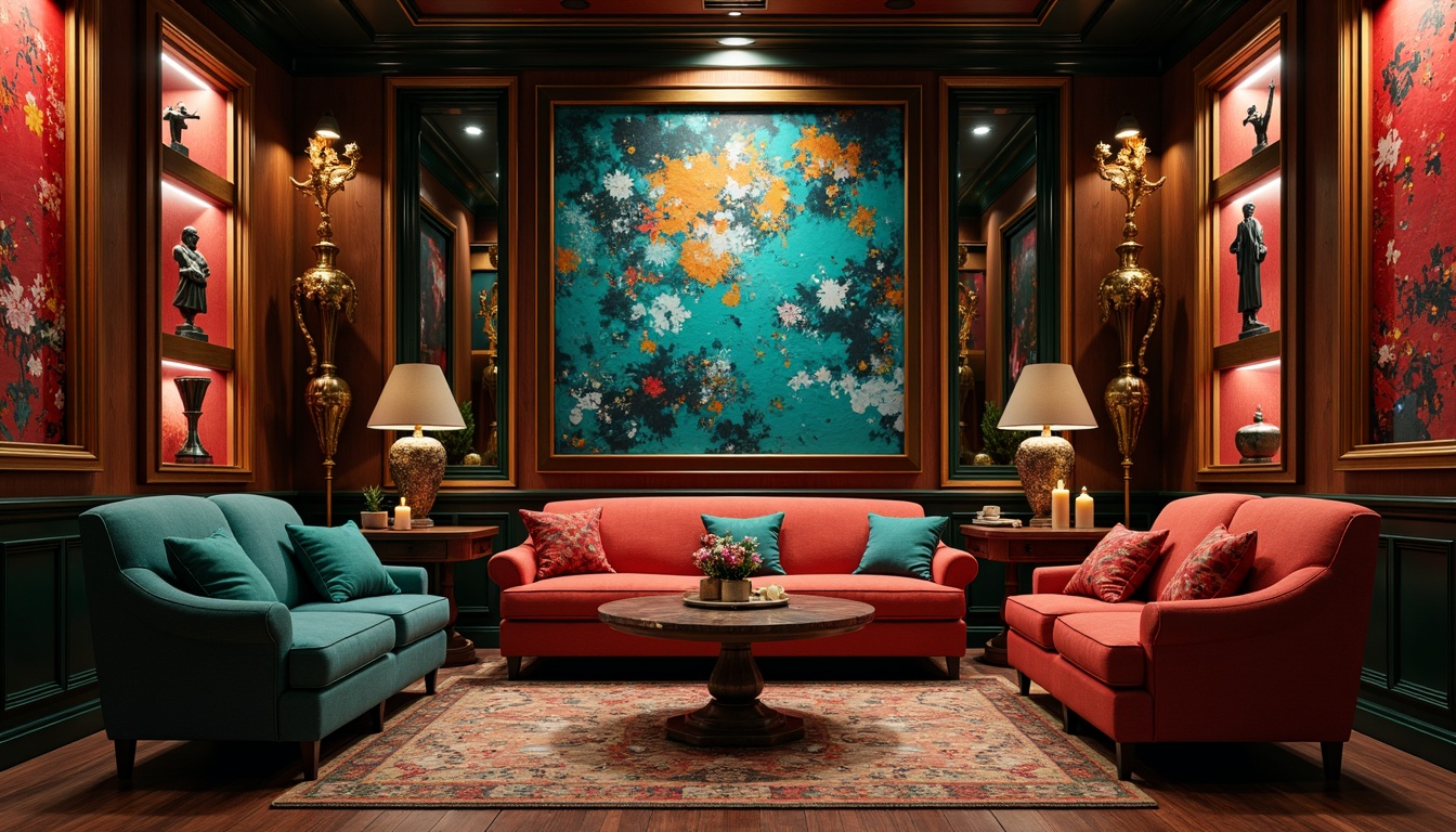 Prompt: Richly textured walls, bold geometric shapes, vibrant turquoise accents, deep crimson hues, metallic gold fixtures, luxurious velvet fabrics, ornate wooden panels, eclectic art pieces, dramatic spot lighting, low-lit ambiance, warm earthy tones, abstract expressionist artwork, avant-garde sculptures, ornamental mirrors, lavish furniture upholstery, intricate patterns, moody atmospheric color scheme, 1/1 composition, high contrast ratio, cinematic lighting, realistic textures, ambient occlusion.